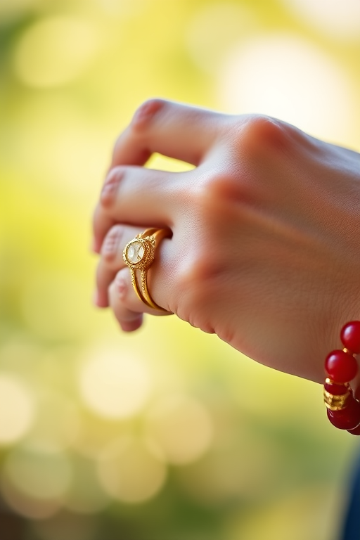 close-up of a hand wearing elegant gold rings and a red bracelet, soft focus background, natural light, aperture f/2.8, shutter speed 1/125s, ISO 200, shot with a DSLR camera, 85mm lens, portrait orientation.