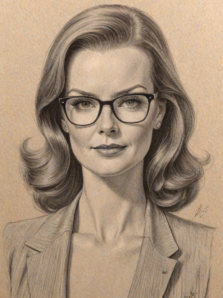 Comely Marcia Cross, pencil sketch, portrait of Stunning woman 1930s in glasses, hair style beatnik, outline, clear lines, fine lines, 8k