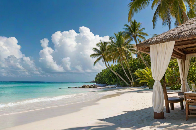 Create a picturesque tropical beach scene featuring a serene, white sandy shore. In the foreground, there's a rustic wooden canopy with white drapes gently flowing in the breeze. Underneath the canopy, a table is set with tropical decor, evoking a sense of relaxation and leisure. The beach extends into a calm, shallow water area with reflections of the sky and surroundings. Palm trees and lush greenery line the edge of the beach, providing a natural, tropical backdrop. The sky is clear with a few scattered clouds, and the overall atmosphere is tranquil and inviting, perfect for a peaceful retreat.