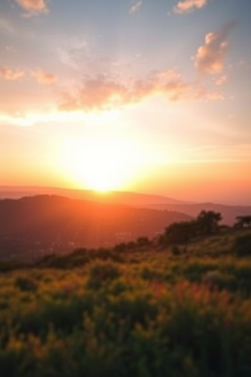 Create a high-resolution image of a serene landscape at sunrise with a soft focus effect, using a DSLR camera with a 50mm lens, aperture set to f/1.8, ISO 200, and a wide-angle view to capture the vastness of the scene.