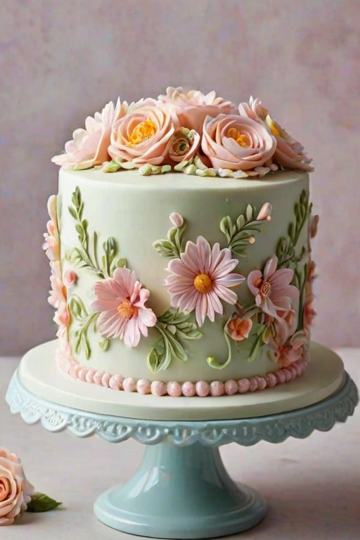 Create an image of a beautifully decorated cake with intricate frosting designs. The cake should have a smooth white frosting base, adorned with delicate pastel flowers and decorative piping. The overall presentation should be elegant and inviting, set against a simple background.