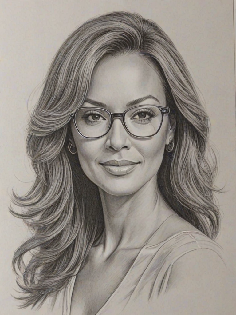 Beauteous Eva LaRue, pencil sketch, portrait of Radiant woman 1971s in glasses, hair style beatnik, outline, clear lines, fine lines, 8k