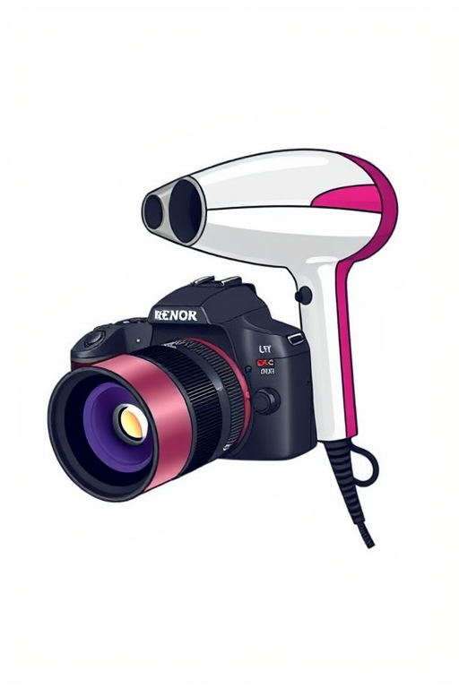 Create an illustration of a hairdryer in a modern style with a clean white background, using a DSLR camera with an aperture of f/4, ISO 100, and a 50mm lens to enhance image quality.