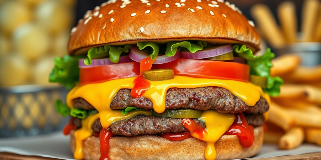 High-resolution, close-up image of a gourmet double cheeseburger. The burger features a glossy, sesame-seed-topped brioche bun. Inside, there are two thick, juicy beef patties, each topped with melted cheddar cheese. The burger is garnished with fresh lettuce, tomato slices, diced onions, and pickles. A generous amount of ketchup and a creamy, orange-colored sauce is dripping down the sides, adding to the mouth-watering appeal. In the background, there are blurred elements including a side of golden French fries and a hint of a beverage, enhancing the overall presentation of a delicious meal.