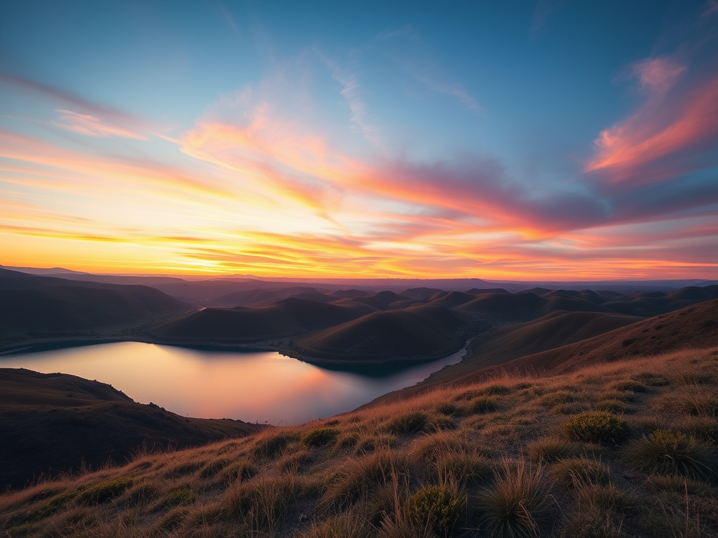 Create a high-resolution image of a serene landscape with rolling hills, a calm lake reflecting the sky, and a vibrant sunset in the background, captured with a Canon EOS 5D Mark IV, 24mm lens, f/8 aperture, ISO 100, and a 1/60 second shutter speed, using a wide-angle view for depth and detail.