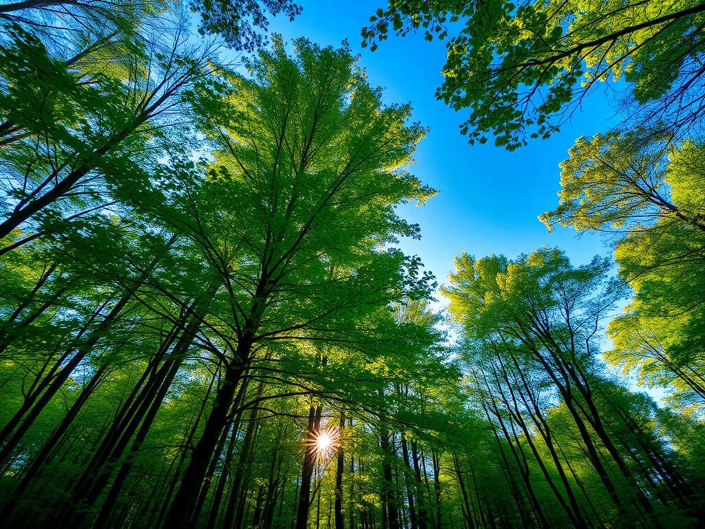 Generate an image of a serene forest landscape with lush green trees, sunlight filtering through the leaves, a clear blue sky above, taken with a Canon EOS R5, 24mm lens, f/2.8 aperture, 1/125 sec shutter speed, shot at eye level for a natural perspective.