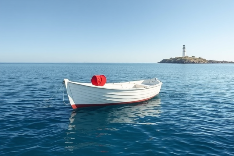 Create a serene illustration of a white boat with a red hat floating on calm blue waters, with a distant lighthouse in the background, using a wide-angle shot, captured on a digital camera with a 50mm lens, f/8 aperture, ISO 100, and settings for low contrast and soft shadows to enhance the minimalist style.