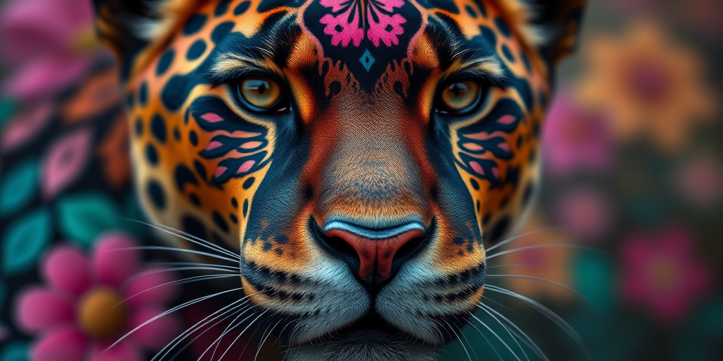 Create a highly detailed close-up portrait of a fantastical panther with vibrant colors and intricate floral patterns, using a Canon EOS R5, 85mm f/1.4 lens, aperture set to f/1.8, ISO 100, with soft lighting and a bokeh background for depth.