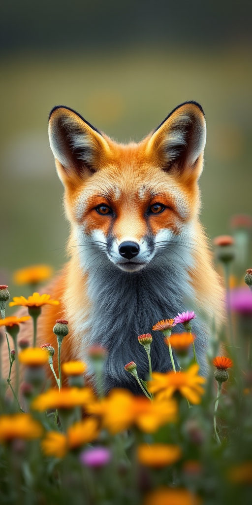 Create a hyper-realistic portrait of a red fox with vibrant orange fur and striking eyes, surrounded by a lush field of wildflowers, shot with a DSLR camera at f/1.8 aperture, ISO 200, 85mm lens, in soft natural lighting for enhanced detail and texture.