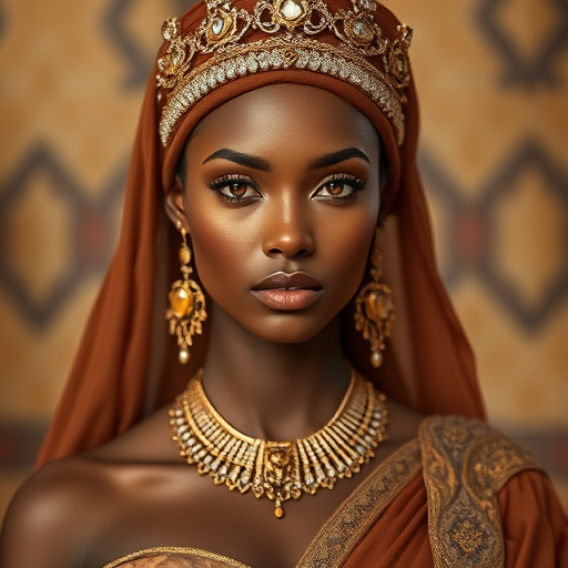 A gorgeous Tuareg woman in a luxurious brown gown, accessorized with a dazzling tiara and statement earrings, her deep orange eyes highlighted by impeccable makeup, poised in a royal setting, photorealistic, 8K quality