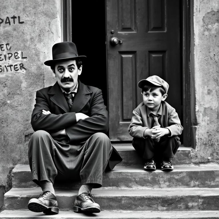 A black-and-white photograph of a man and a child sitting on steps in front of a doorway. The man is dressed as a tramp with a bowler hat, mustache, and ragged clothes, reminiscent of Charlie Chaplin's iconic look. He is sitting with his arms crossed and an expression of slight sadness or frustration. Next to him is a young boy, also in worn clothes and a cap, sitting with his hands clasped, looking thoughtful. The background is an old, textured wall and a partially open door, creating a vintage, early 20th-century atmosphere.