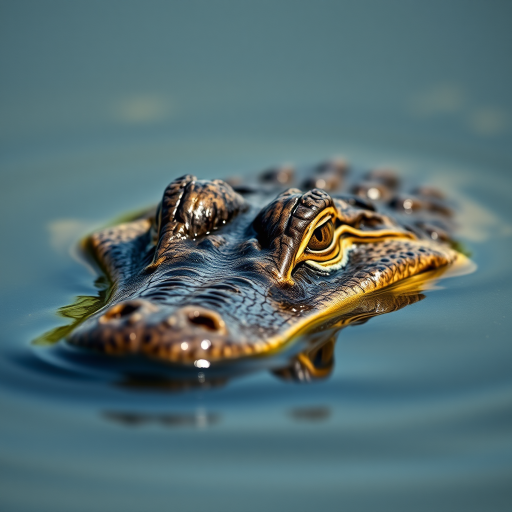 A close-up shot of an alligator's head partially submerged in calm water, with focus on its eyes and texture, using a Canon EOS R5 camera, 85mm lens, f/2.8 aperture, ISO 100, shutter speed 1/200s, natural lighting, shallow depth of field.