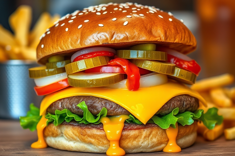 High-resolution, close-up image of a gourmet double cheeseburger. The burger features a glossy, sesame-seed-topped brioche bun. Inside, there are two thick, juicy beef patties, each topped with melted cheddar cheese. The burger is garnished with fresh lettuce, tomato slices, diced onions, and pickles. A generous amount of ketchup and a creamy, orange-colored sauce is dripping down the sides, adding to the mouth-watering appeal. In the background, there are blurred elements including a side of golden French fries and a hint of a beverage, enhancing the overall presentation of a delicious meal.