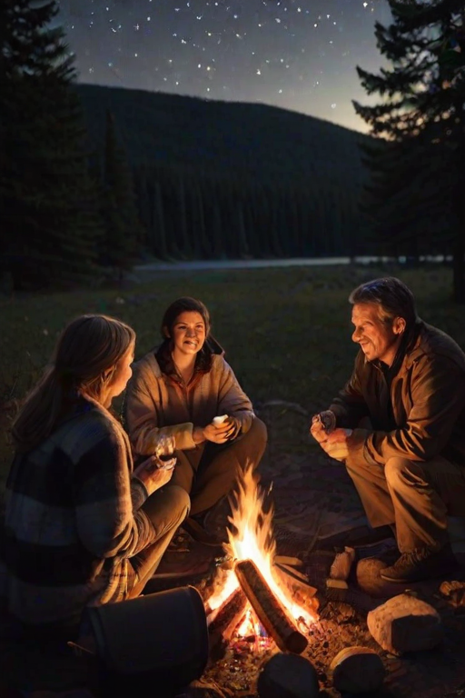Warmly lit photo of a family gathered around a campfire, roasting hot dogs and telling stories, soft glow from the flames casting warm shadows on their faces, with distant stars twinkling overhead.