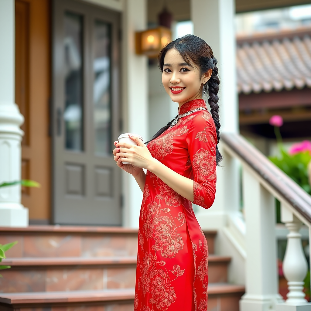 Chinese girl with a sweet smile wearing a red shivalai Thai dress, diamond jewelry, braided hair, holding a cup of hot coffee, wearing white high heels, standing on the stairs, Thai style house.