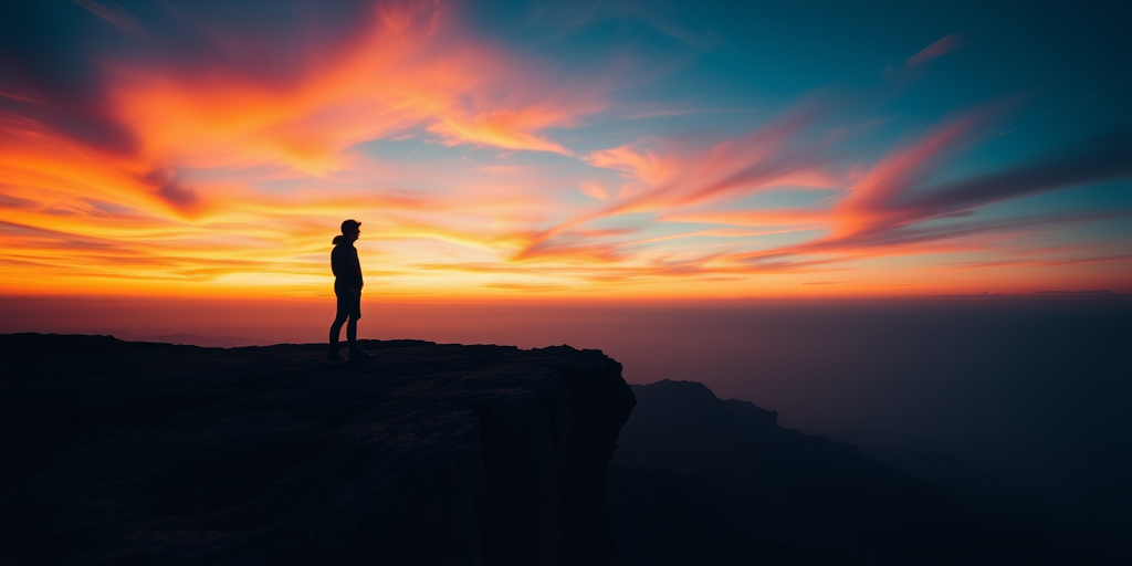 Capture a high-resolution image of a silhouette of a person standing on a cliff during sunset, using a full-frame DSLR camera, aperture set to f/2.8, ISO 100, shutter speed 1/200s, with a wide-angle lens at 24mm, shot from a low angle to emphasize the silhouette against the colorful sky.