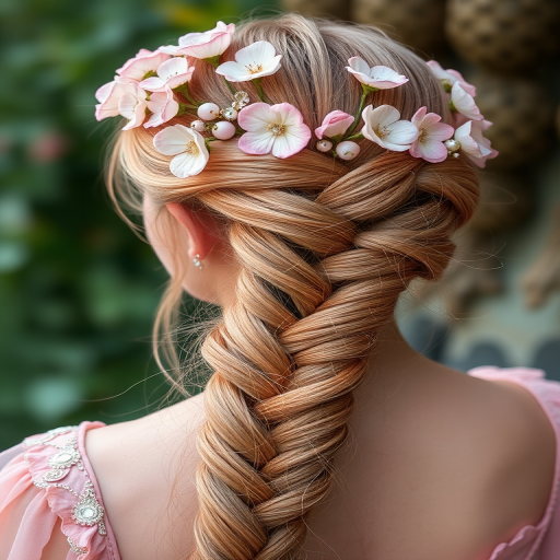 Enchanting rose gold fairy braid titled Blossom Whimsy showcasing an intricate crown braid embellished with delicate silk flowers and shimmering rose quartz beads for a romantic ethereal aesthetic