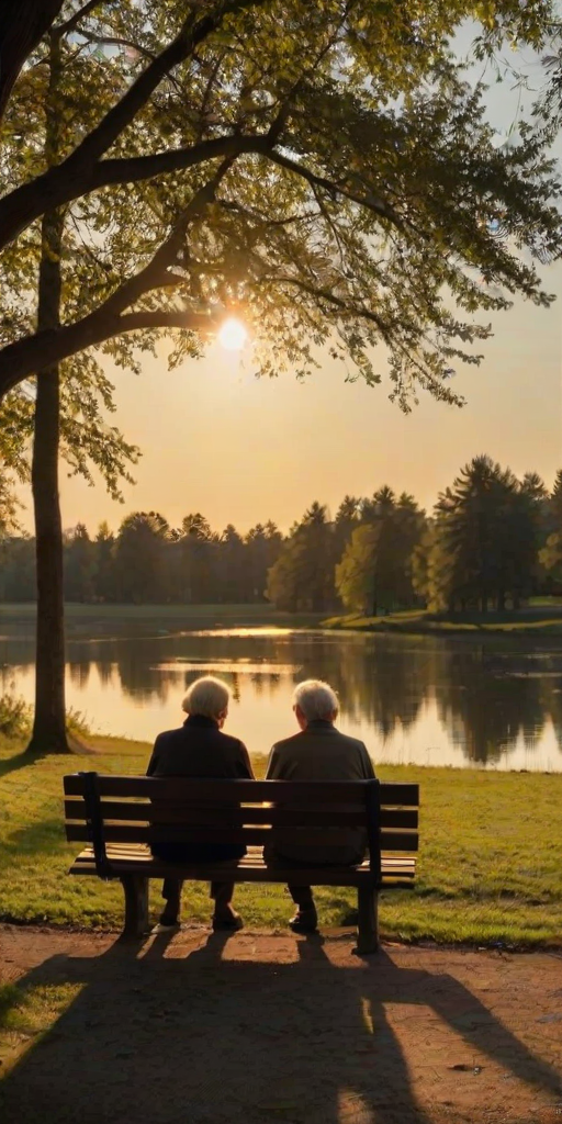 Warmly lit, peaceful scene of an old couple sitting on a bench in the park at dusk, their hands intertwined, with the sun setting behind a lake and trees casting long shadows over the grass.