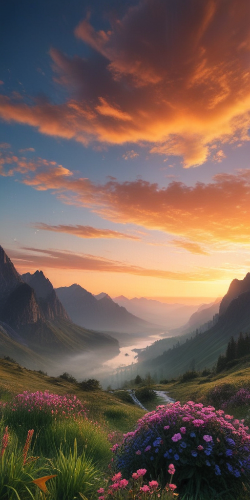 Serene Mountain Valley at Sunrise with Colorful Flowers and Dramatic Clouds