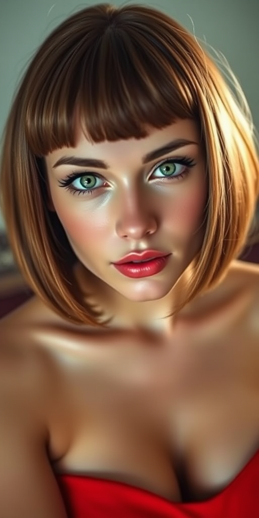 Create an image of a woman with a bob haircut and green eyes, wearing a red strapless top, in a high-resolution digital art style, using a camera view that focuses closely on her face, with settings of f/2.8 aperture, ISO 100, and a 50mm lens to enhance the depth of field and clarity.