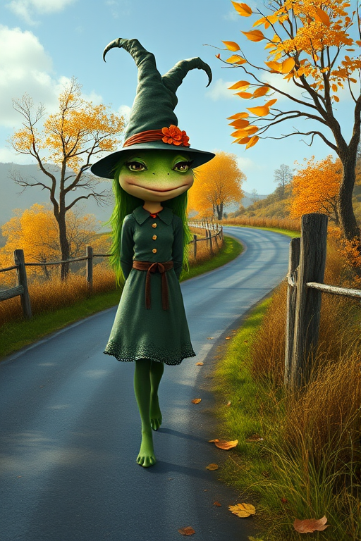 digital art fantasy depicting a strange girl with green hair, long eyelashes, green lipstick and a tall hat walking along a winding road on an autumn afternoon, an Frog smiles as she passes