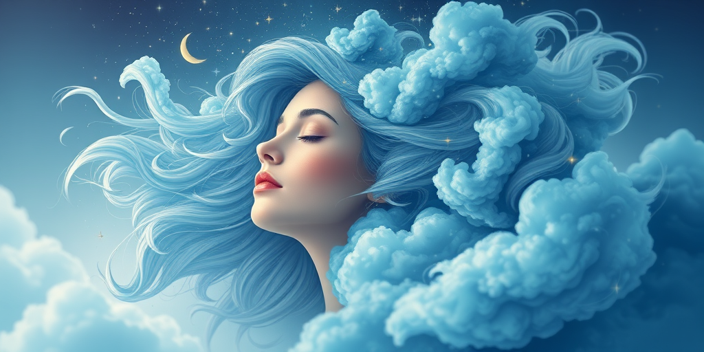 Create an imaginative digital illustration of a serene person with flowing hair made of swirling blue clouds and stars, using a Canon EOS R5 with a 50mm lens, f/1.8 aperture, 1/100s shutter speed, and a soft focus effect to enhance depth and detail.