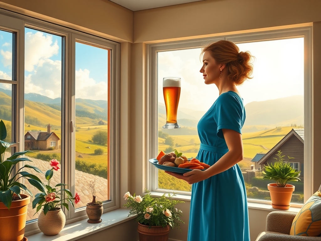 In "A Glass of Beer on the Highland," a serene scene is depicted in a sunlit room where a woman in a vibrant blue dress stands by a large window. She holds a tray with a hearty meal and a frothy glass of beer, embodying a moment of relaxation. Outside, the breathtaking highland landscape features rolling green hills and a charming traditional house, all bathed in warm afternoon light. The interior is adorned with potted plants, creating a harmonious blend of comfort and nature. The painting beautifully captures the tranquility and joy found in simple pleasures amidst stunning scenery