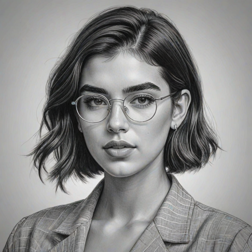 Magnificent Dua Lipa, pencil sketch, portrait of Wonderful woman 1945s in glasses, hair style beatnik, outline, clear lines, fine lines, 8k