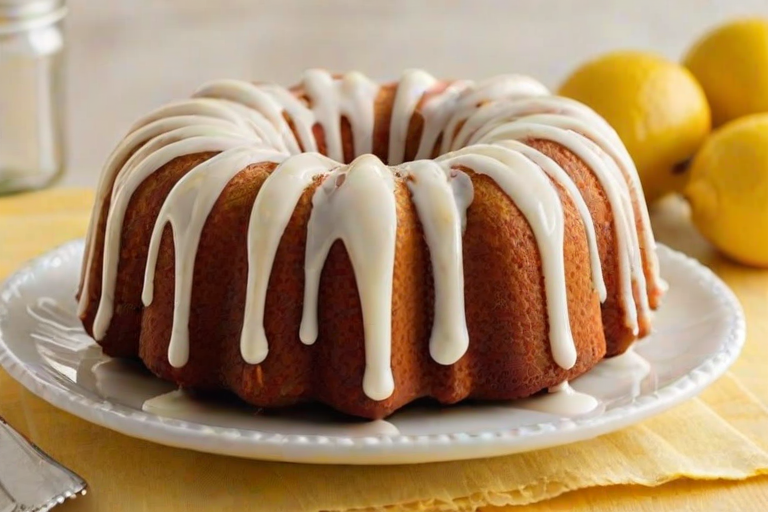 Generate an image of a lemon bundt cake with a smooth white glaze drizzled on top. The cake should have a vibrant yellow color with decorative lemon zest on the surface. Include a few slices cut from the cake, showing the soft, fluffy texture inside. Place some lemon slices around the cake for added decoration.