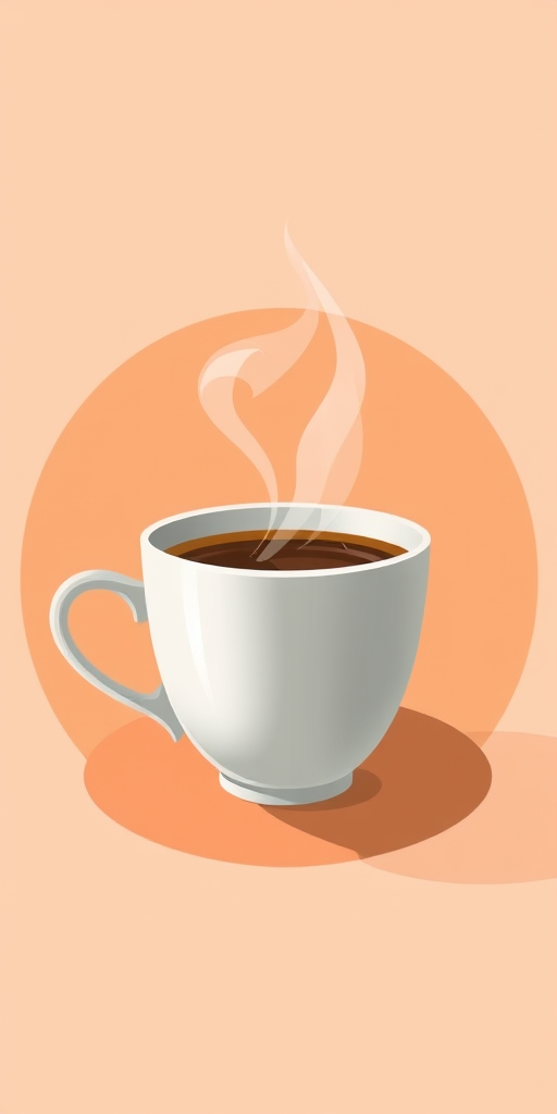 Create a high-resolution digital illustration of a coffee cup with steam rising, centered on a circular peach-colored background, with soft shadows, using a DSLR camera at f/2.8 aperture, 50mm lens, natural lighting, and a shallow depth of field for a warm, inviting atmosphere.