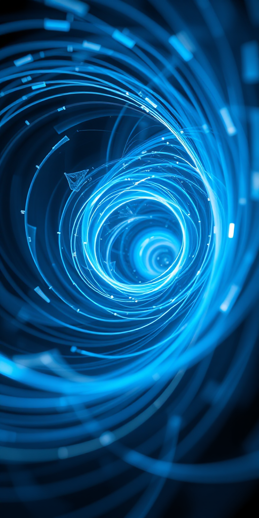 Create an abstract image of a swirling blue vortex with intricate light trails, captured with a Canon EOS R5, using a 35mm lens, f/1.8 aperture, ISO 100, at a shutter speed of 1/60s, in a macro photography style to enhance detail and clarity.