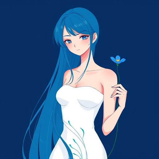 Create a high-resolution illustration of a stylized woman with long blue hair and a minimalistic white body, gently holding a delicate blue flower, set against a deep navy background, using a digital art style with vibrant colors, and apply a soft focus effect for a dreamy ambiance, shot with a digital camera at f/2.8 aperture, ISO 100, and a 50mm lens.