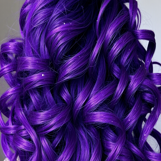 Deep purple hair with scattered holographic glitter throughout, styled in voluminous curls that catch the light and shimmer with every movement, creating a galactic allure called Cosmic Nebula