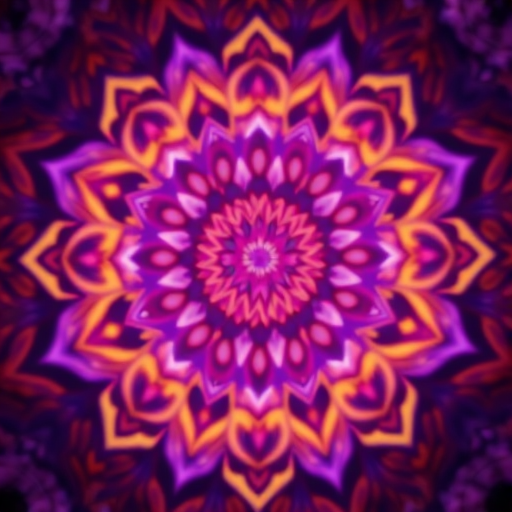 create an intricate mandala pattern blending purple and orange hues with swirling designs, captured with a Canon EOS R5 at f/8, ISO 100, 24mm lens, high dynamic range, and soft focus for depth