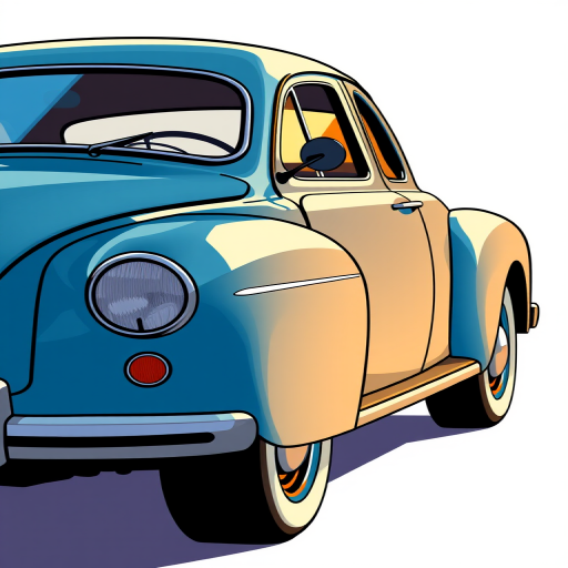 Create a cartoon-style illustration of a vintage blue car, side view, with a glossy finish, using a digital camera with a 50mm lens, f/2.8 aperture, ISO 100, and a soft light effect for enhanced quality.