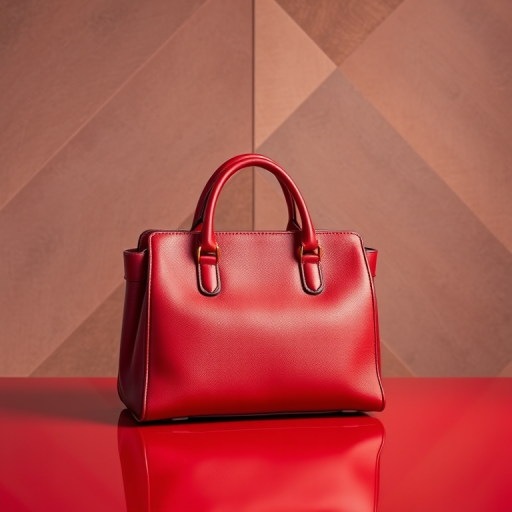 shoot a luxurious red leather handbag on a polished red surface against a textured geometric backdrop, use a DSLR camera, 85mm lens, aperture f/2.8, ISO 200, shutter speed 1/125s, soft diffused lighting for even texture and detail enhancement