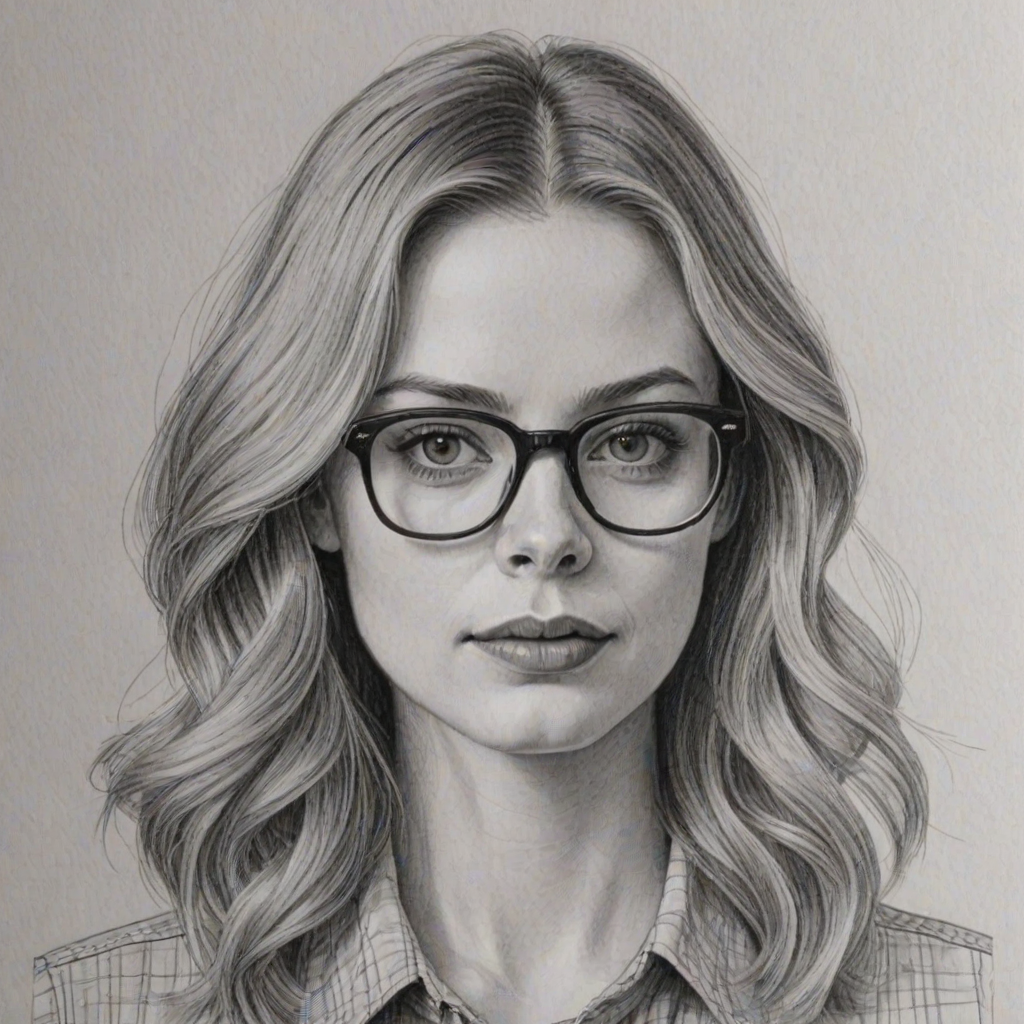 Bewitching Gillian Jacobs, pencil sketch, portrait of Sublime woman 1973s in glasses, hair style beatnik, outline, clear lines, fine lines, 8k