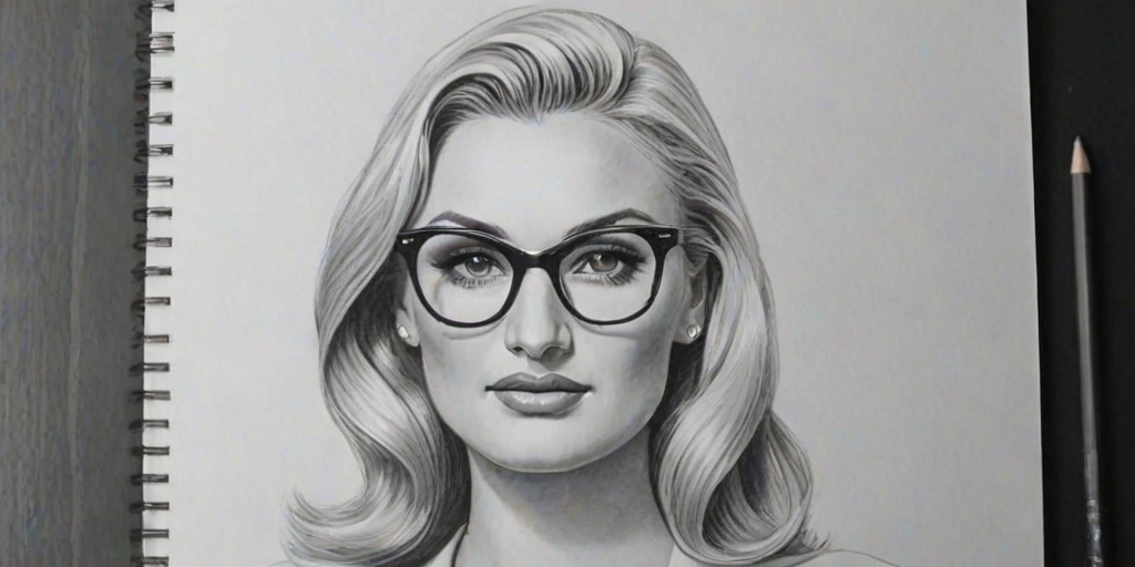 Pleasing Brooke Hogan, pencil sketch, portrait of Wonderful woman 1949s in glasses, hair style beatnik, outline, clear lines, fine lines, 8k