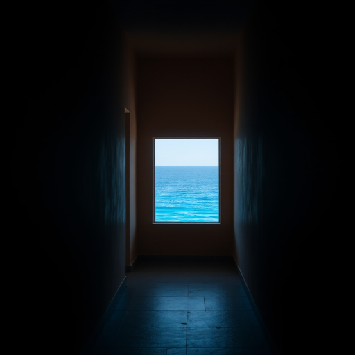 a narrow hallway leading to a bright blue sea view, soft natural light illuminating the space, focus on the contrast between the dark hallway and the vibrant ocean outside, taken with a DSLR camera, aperture f/8, shutter speed 1/125s, ISO 100, wide-angle lens, shot from a low perspective to emphasize depth and perspective