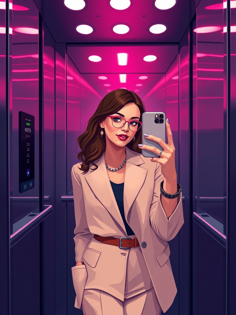 Create a digital illustration of a woman taking a selfie in a stylish elevator, with a focus on a vibrant color palette and smooth lines, using a Canon EOS R5 camera, 50mm lens, f/2.8 aperture, ISO 100, in portrait view to capture details and depth.