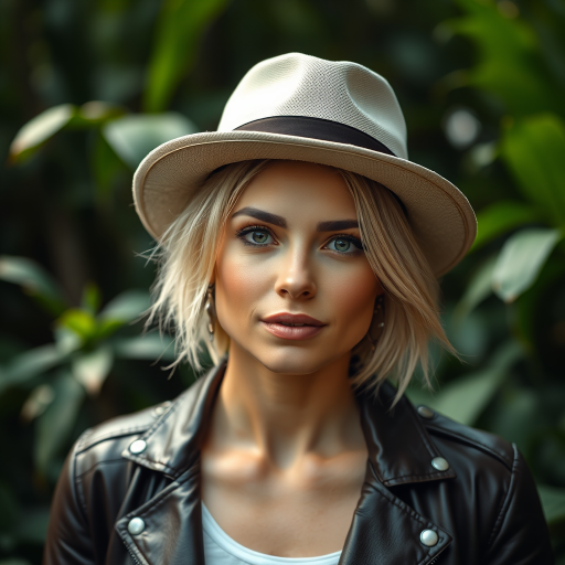 A portrait of a woman with short blonde hair wearing a fedora hat and leather jacket, set in a lush jungle environment, captured with a Canon EOS R5, ISO 100, f/1.8, 85mm lens, shallow depth of field, natural lighting, emphasis on vibrant greenery in the background.