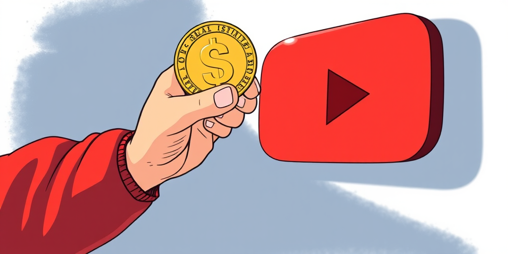 Create an illustration of a person in a red shirt holding a dollar coin next to a large YouTube logo, using a 50mm lens, f/1.8 aperture, natural lighting, shot from eye level with a digital mirrorless camera for enhanced clarity and detail.