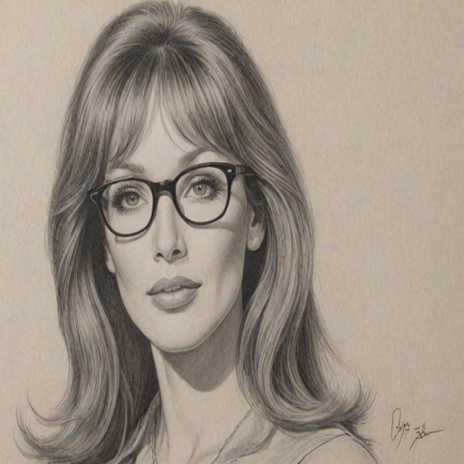 Superb Tanya Roberts, pencil sketch, portrait of Wonderful woman 1955s in glasses, hair style beatnik, outline, clear lines, fine lines, 8k