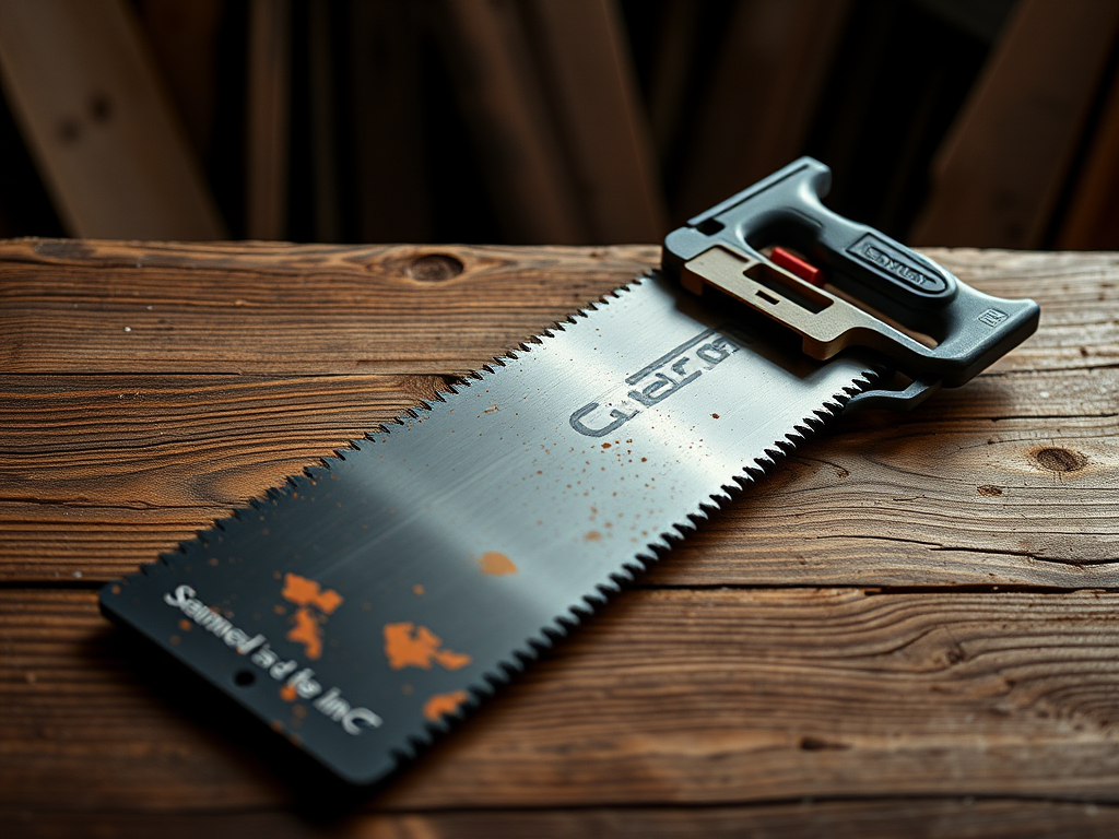 Create a hyper-realistic image of a hand saw on a wooden table, using a Canon EOS R5 camera with a 50mm lens at f/2.8, ISO 100, and natural light to enhance details and texture.