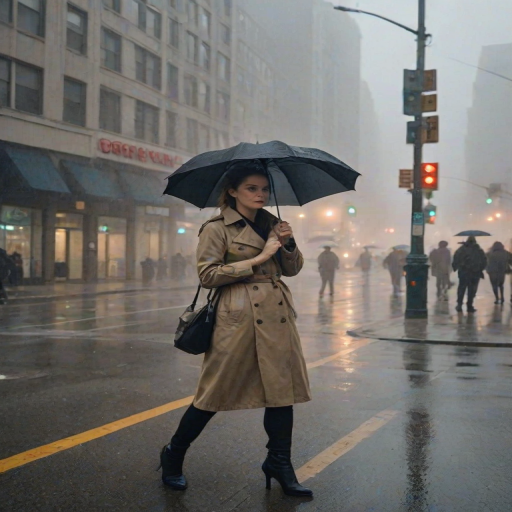 Foggy street corner in a bustling city, a woman in a trench coat stands at a crosswalk, her hand gripping her umbrella as headlights pierce the thick fog around her.