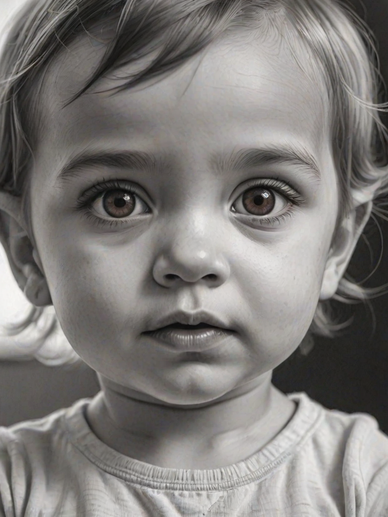 A hyperdetailed photorealistic black and white sketch of a beautiful toddler with deep red eyes, with a macro focus