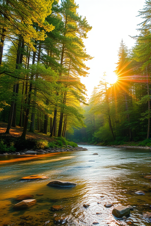 Create an image of a serene, sunlit forest scene with a clear, gently flowing river. Tall trees with lush green foliage line both sides of the river, their leaves bathed in the warm golden light of the setting or rising sun. The sunlight filters through the trees, casting soft, dappled light on the river, which flows over smooth rocks and pebbles, creating a peaceful, natural atmosphere. The sky is bright with a few scattered clouds, and the overall mood is tranquil, evoking a deep sense of connection with nature. The image captures the beauty of a calm, pristine forest landscape at either dawn or dusk.