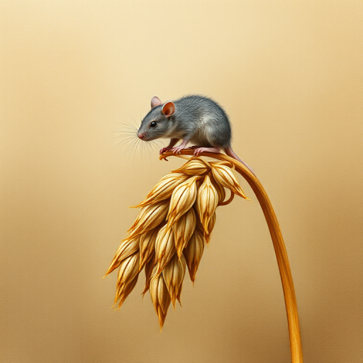 Soft, muted Alcohol Ink with ebru effect background image of tiny whimsical rat, who climbed high on the top of a golden rye ear.