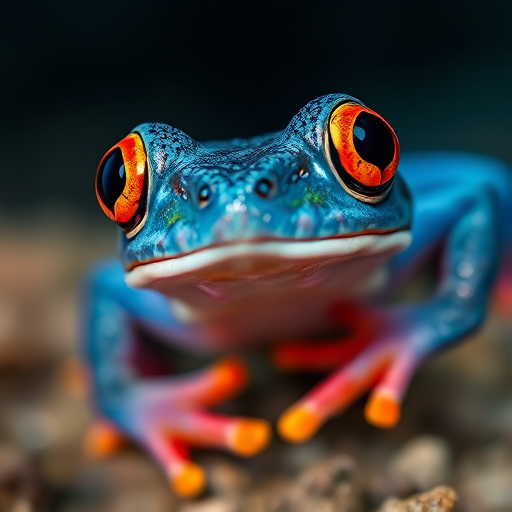 Underwater macro shot of a blue frog with vibrant orange eyes and coral-like features, 50mm lens, f/2.8 aperture, ISO 200, 1/125s shutter speed, soft diffused lighting, shallow depth of field, DSLR camera.