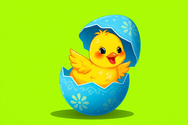create a vibrant illustration of a cheerful yellow chick emerging from a blue eggshell with decorative patterns, set against a bright green background, use a digital art style, 300 DPI resolution, and apply high contrast lighting to enhance color saturation and detail